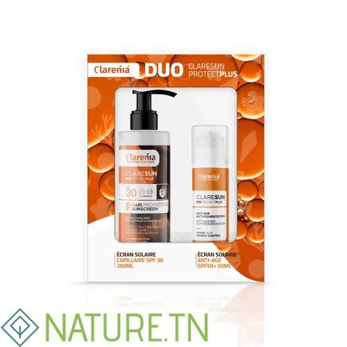 COFFRET SOLAIRE CLARENIA DUO ÉCRAN ANTIAGE SPF50+ ET ÉCRAN CAPILAIRE -40% 1