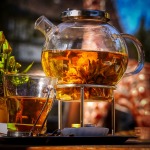 Une théière en verre claire et rond avec du thé brun et des fleurs se trouve sur un support en métal.